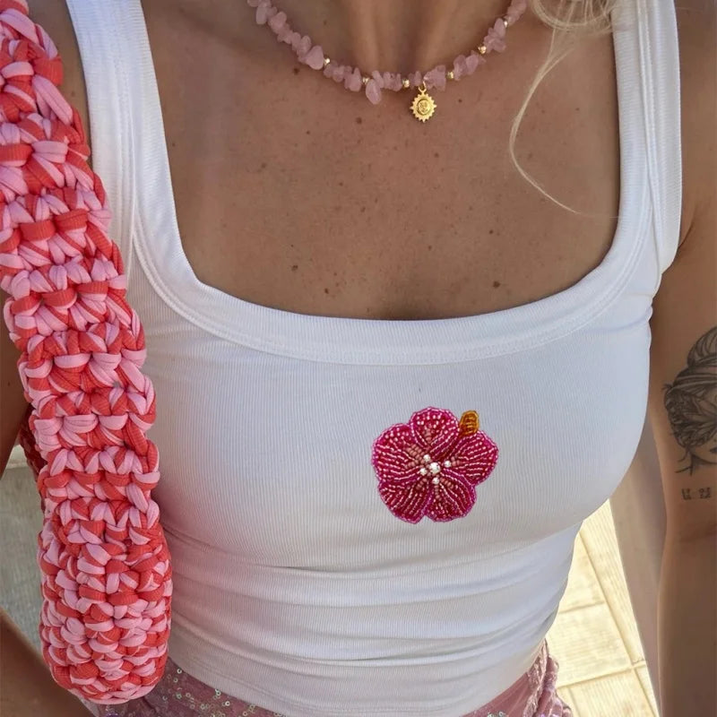 Shiny Floral Pearl Beaded Crop Tank Top