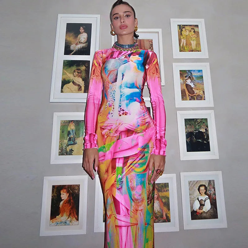Pink Graffiti Print Mermaid Maxi Dress