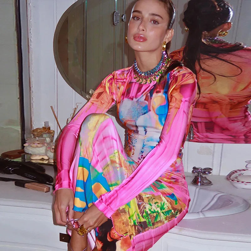 Pink Graffiti Print Mermaid Maxi Dress