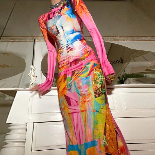 Pink Graffiti Print Mermaid Maxi Dress