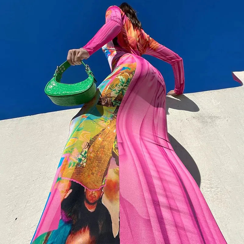 Pink Graffiti Print Mermaid Maxi Dress