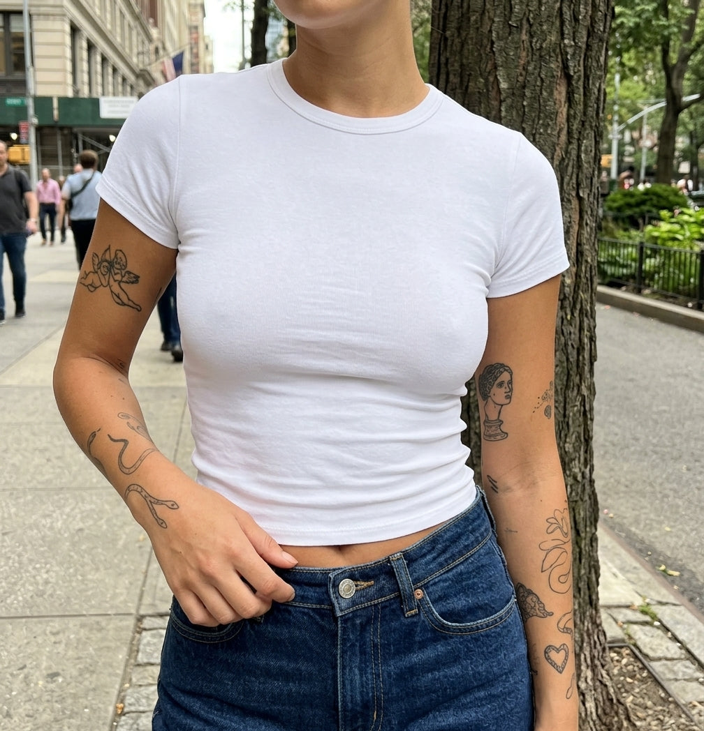 Y2K Baddie Women’s Slim Fit O-Neck T-Shirt – Stretchy Knitted Short Sleeve Streetwear Top